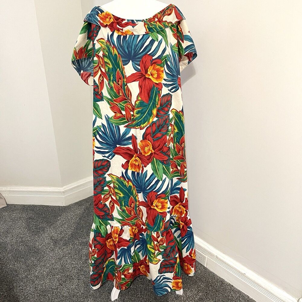 Vintage Hilo Hattie Ruffled Hawaiian Maxi Dress Womens 2X Off Shoulder Cotton
